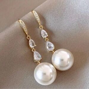 Elegant Faux Pearl Tassel Dangle Earrings with Cubic Zirconia Sparkly Quality